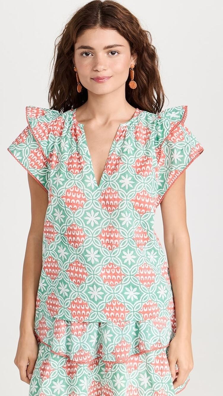 Marea Womens Blouse Grace Flutter Top With Trim V-Neck Cotton Bright Pina XS NWT